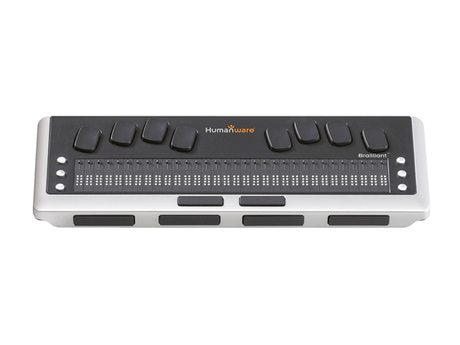 A picture of a Bluetooth Braille Keyboard. It is a larger model that is black and grey. It has 32 Braille cells on the bottom and a Braille Keyboard on top.
